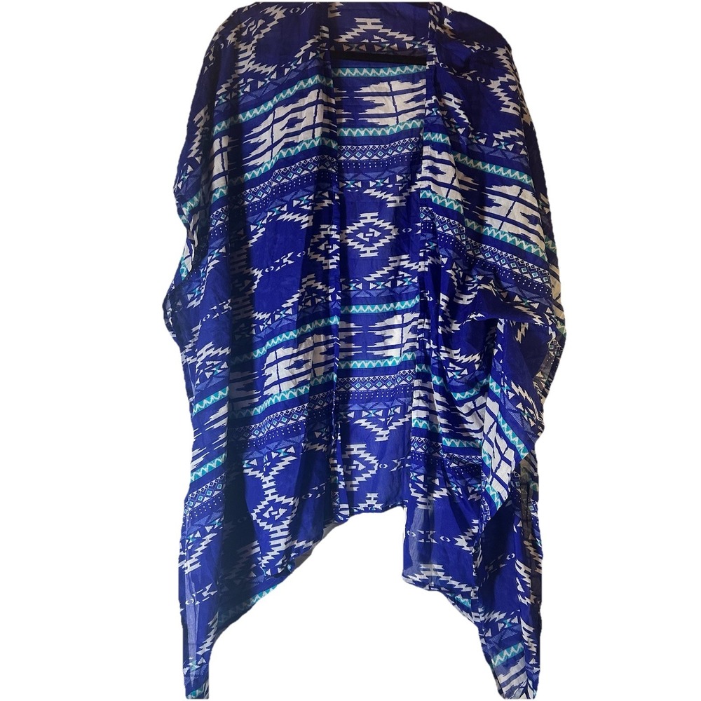 Beach Kaftan Cover-Up Sheer Blue White Aztec Design Women Size M Oversized Flowy